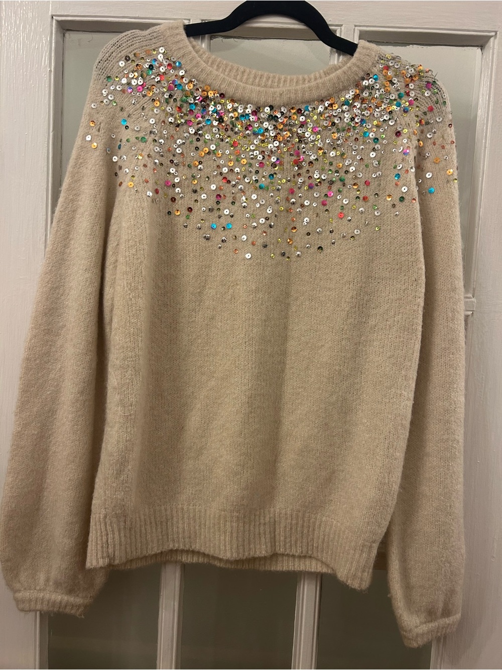 Beautiful Beige Sequin Yoke Sweater - Women's Cozy Knit